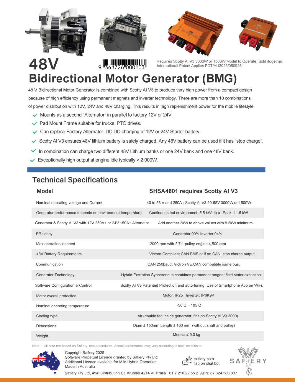 Safiery BMG-4801 — attacco a piastra 10kW 48V Alternatore