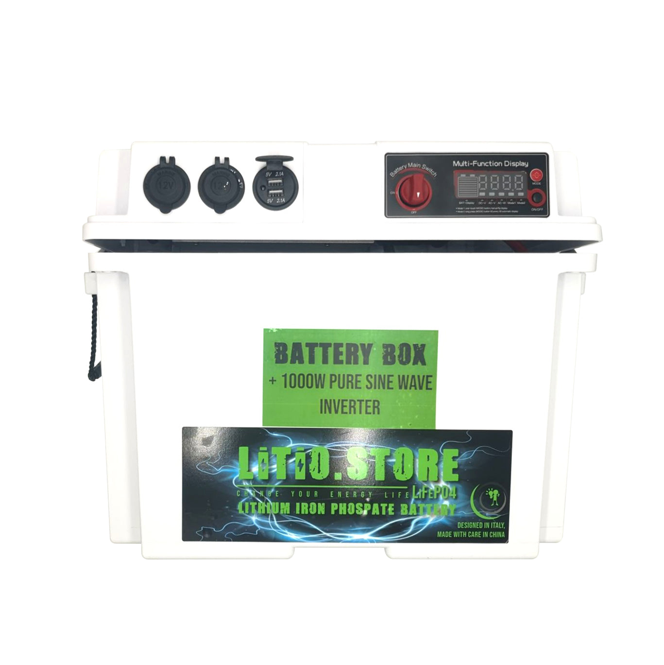 Lithium Store Battery-Box 12V med 1000W integrerad pure wave inverter - 220V 12V 5V USB-uttag - för Litium/Gel/AGM-batterier (batteri ingår ej)