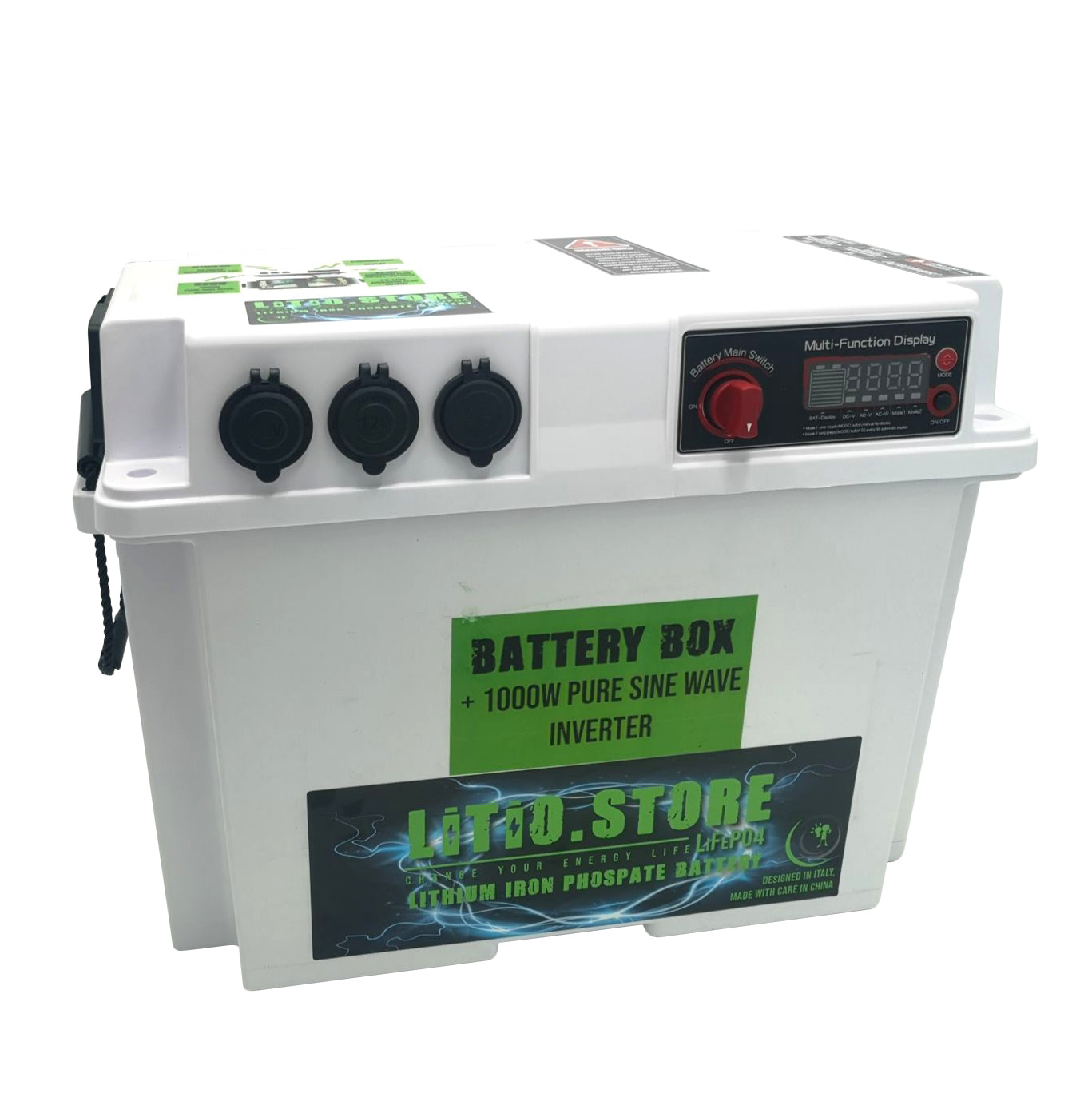 Lithium Store Battery-Box 12V med 1000W integrerad pure wave inverter - 220V 12V 5V USB-uttag - för Litium/Gel/AGM-batterier (batteri ingår ej)