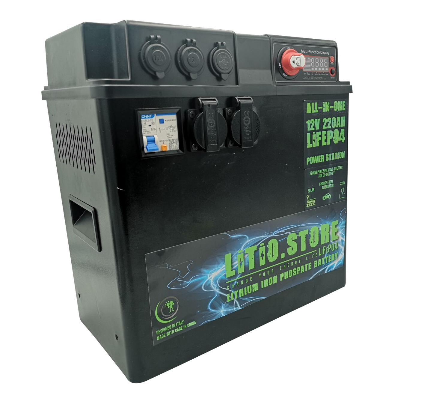 All-In-One Power Station met batterij LiFePO4 12V 240Ah 2816Wh + 30A MPPT + 30A DC-DC + 2200W Inverter onda pura integrato