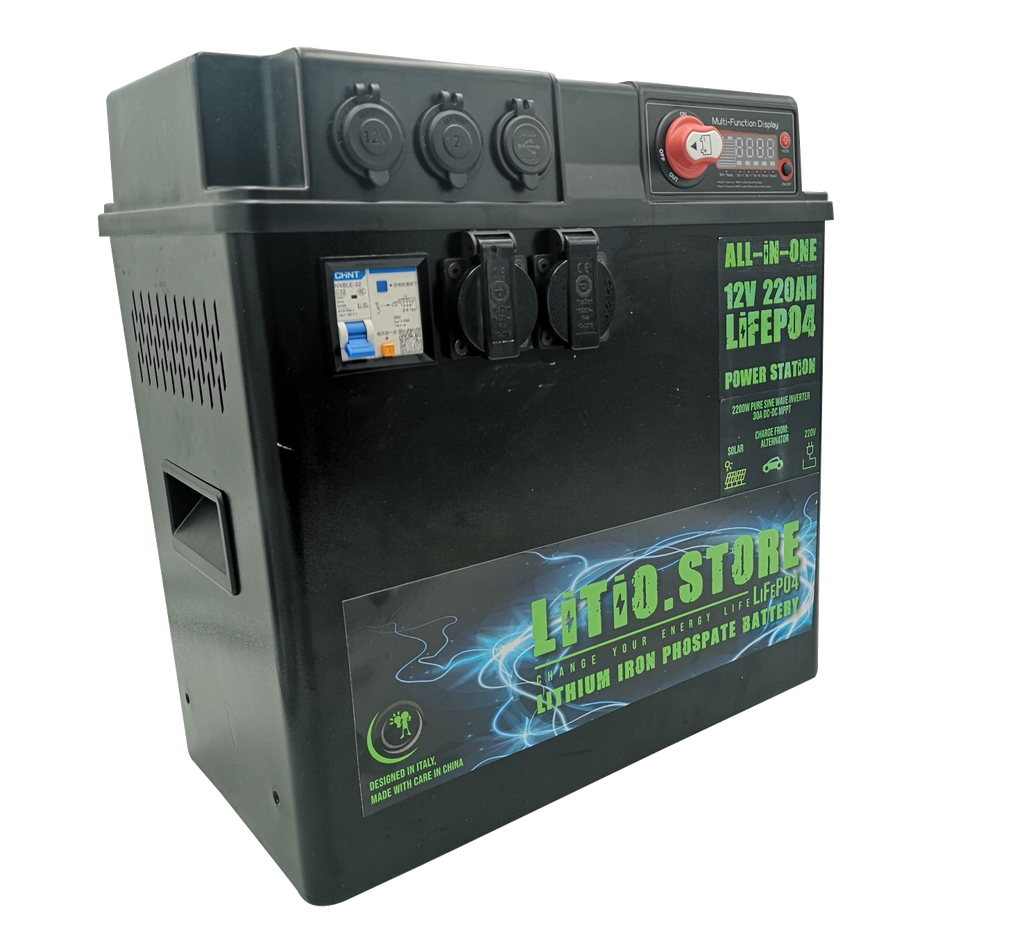 All-In-One Power Station con batteria LiFePO4 12V 240Ah 2816Wh + 30A MPPT + 30A DC-DC + 2200W Inverter onda pura integrato