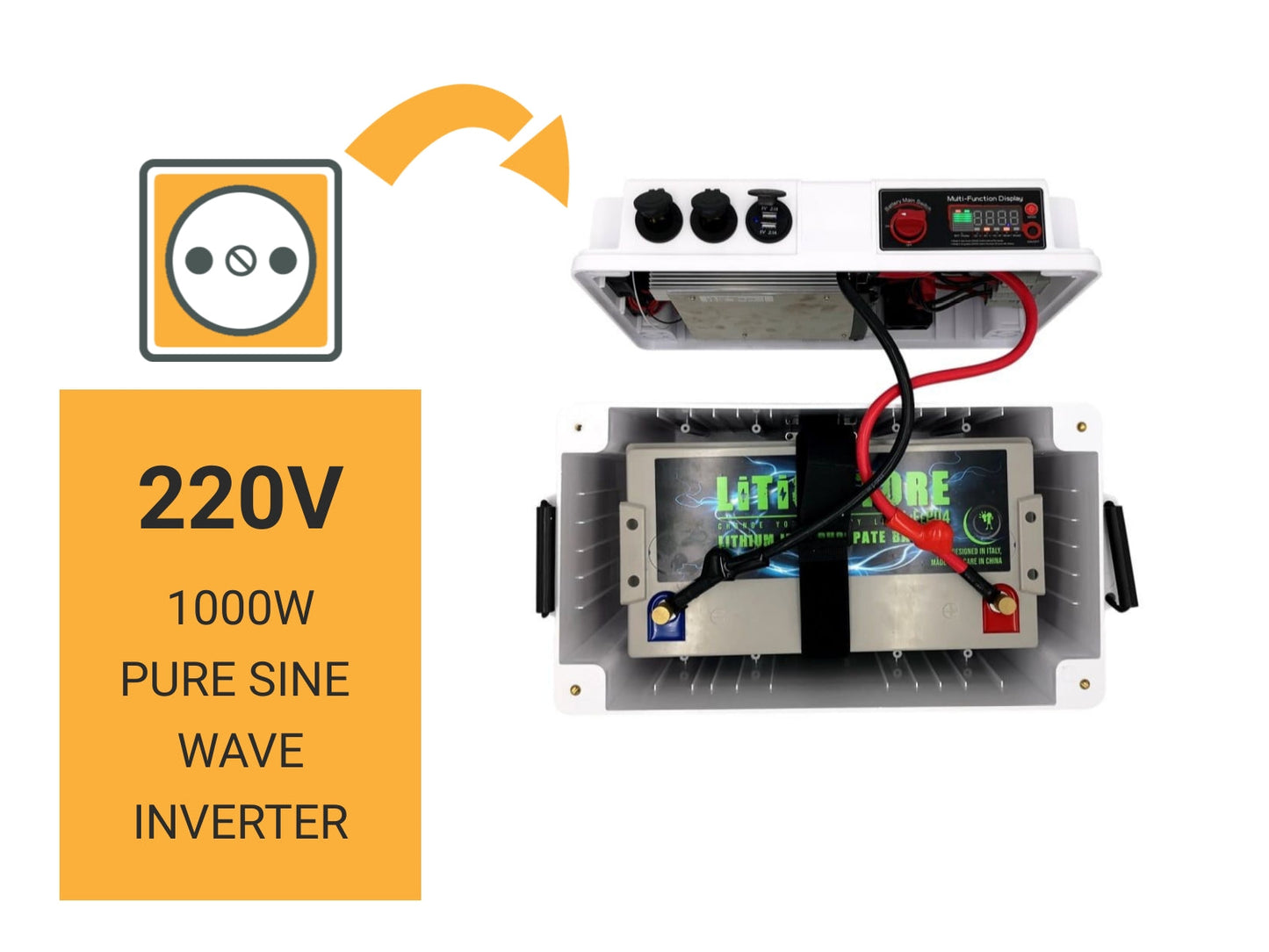 Litio Store Battery-Box 12V con 1000W Inverter onda pura integrato - prese 220V 12V 5V USB - per batterie Litio/Gel/AGM (batteria non inclusa)