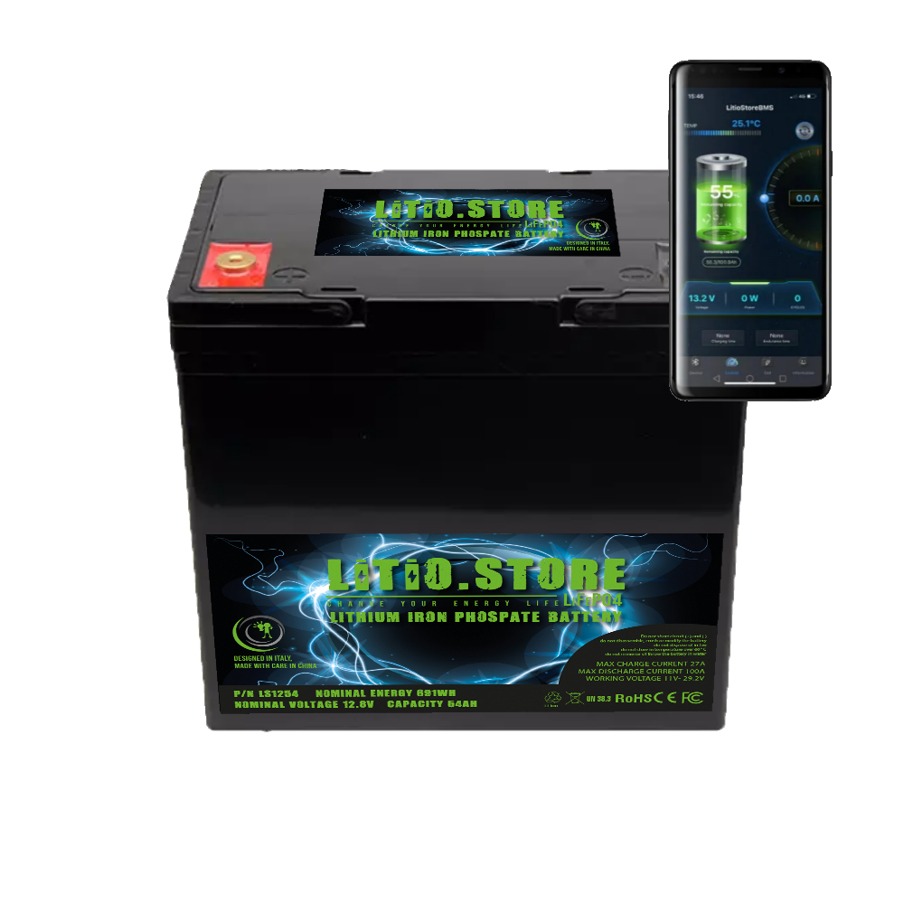Batteria LiFePO4 12V 54Ah Bluetooth litio-ferro-fosfato 100A BMS 691Wh